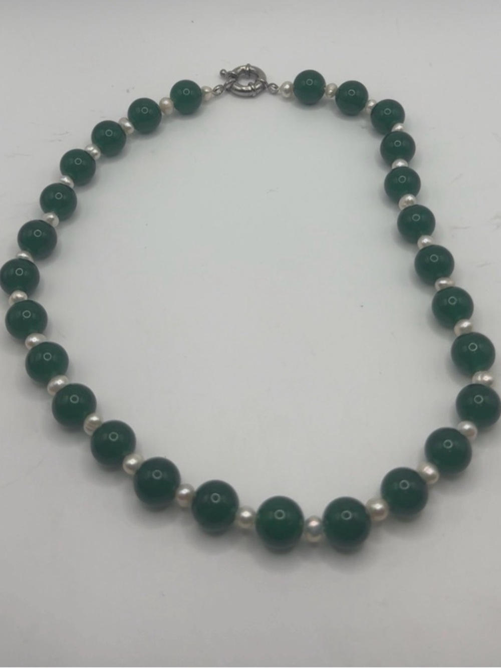 Green Glass Beaded Necklace Freshwater Pearl Accents 18.5in
